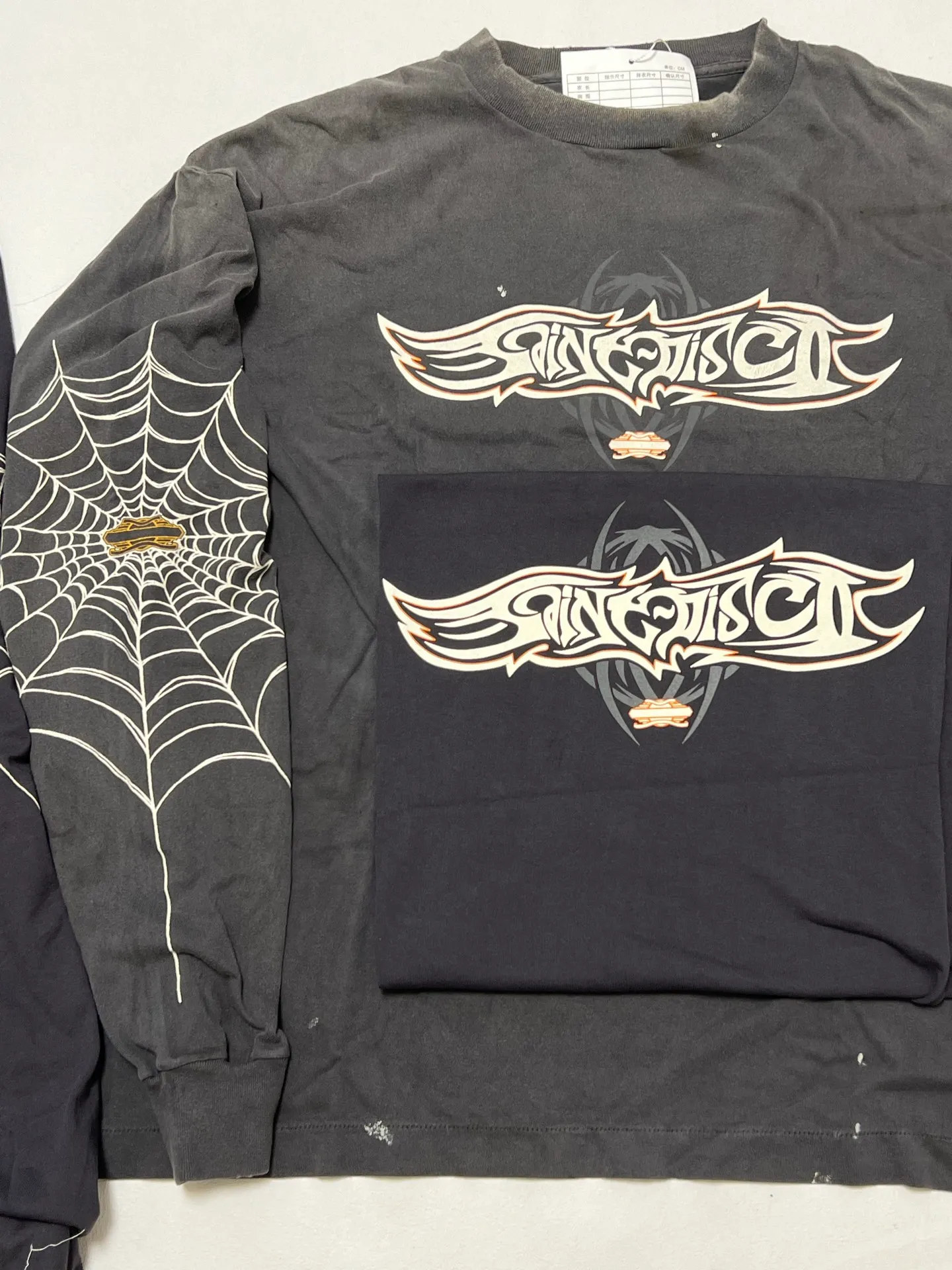 Authentic level printing technology SAINT Mxxxxxx × TEFLON DISCO ML_LS TEE/INSANITY/BLK Spider web INSANITY distressed long sleeves washed black S-XL